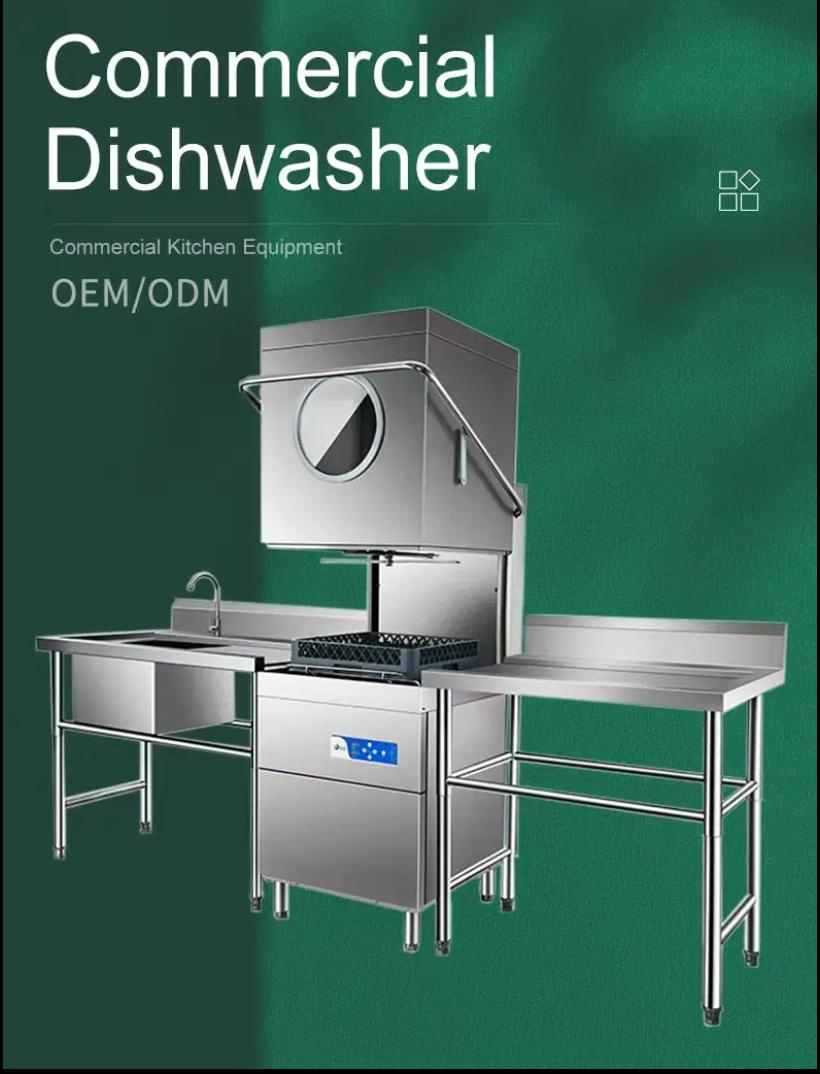 High-Capacity Hood Type Commercial Dishwasher with Viewing Window Automatic Stainless Steel Standing Unit for Restaurant Kitchenware