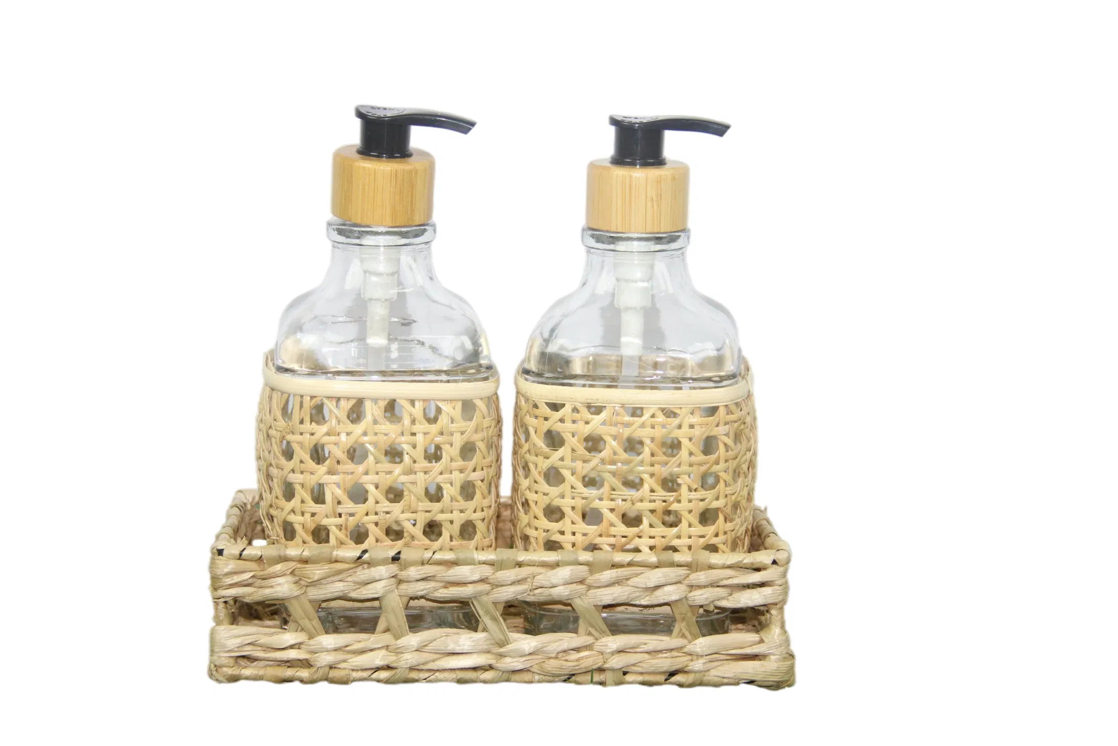 Stylish Amber Dispenser Bottles and Reed Storage Basket Set