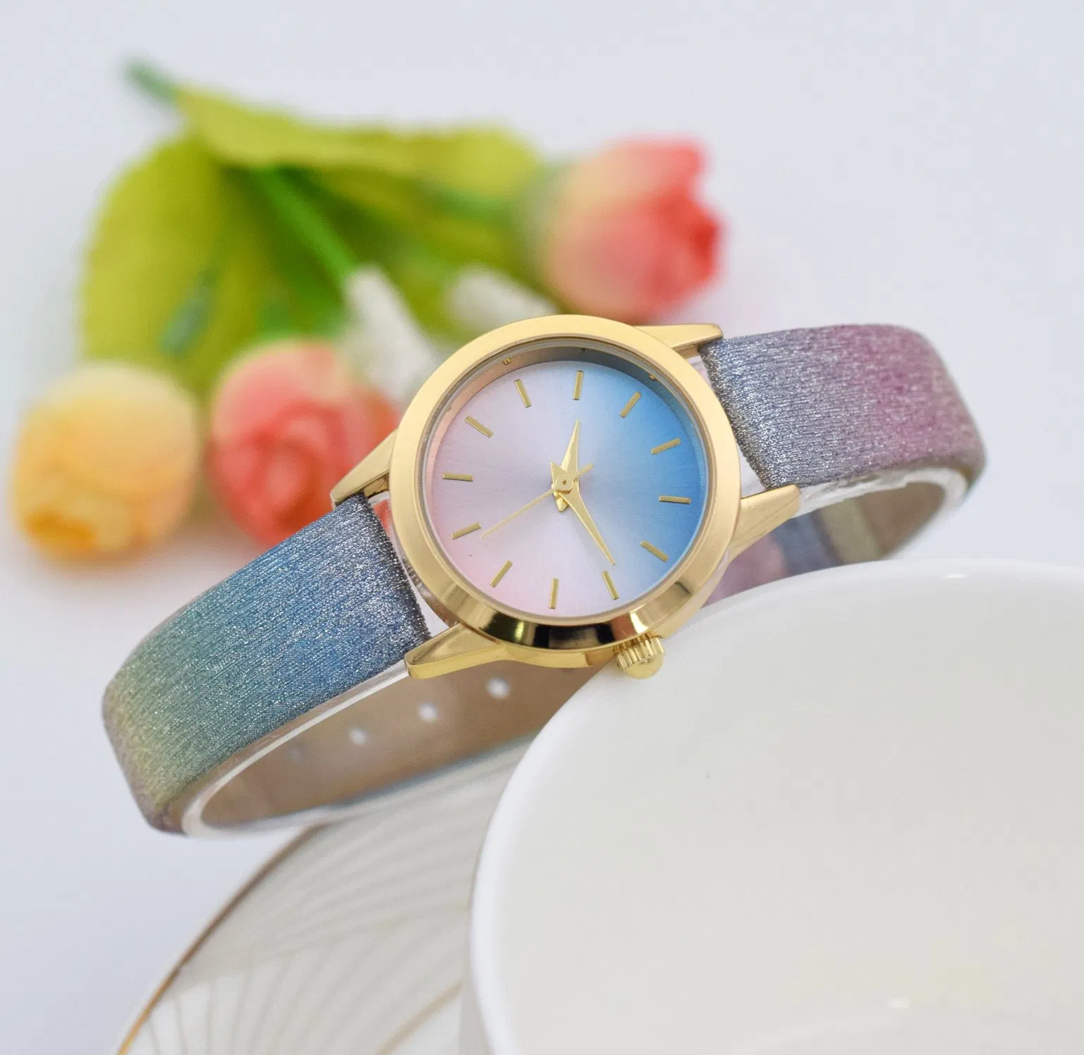Rainbow Glitter Strap Customized Casual Watch Leather Watch Alloy Lady Watch
