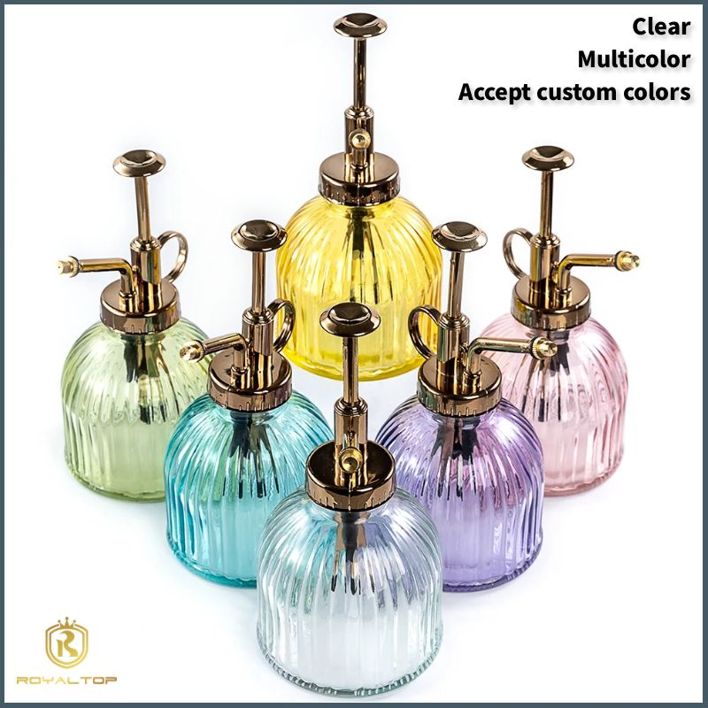 Wholesale 200ml Mini Manual Press Pump Colorful Vintage Embossed Glass Plant Mister Glass Spray Bottle for Indoor Plants