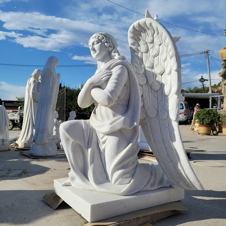 Customized Hand Carving White Marble Stone Praying Winged Baby Angel Sculpture