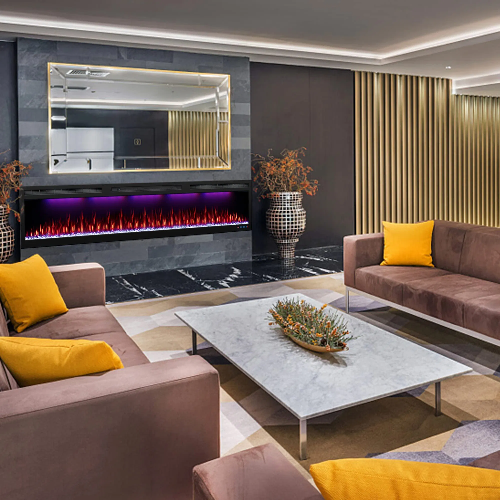 Commercial LED Electric Fireplace with Smart APP Control, 3D Realistic Flame Effect, Wall Mounted Heater for Hotel and Office Use