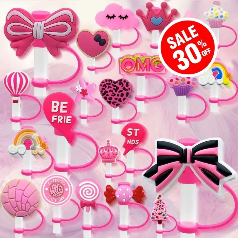Cute Assorted Big Bow Pink Heart Drinking Custom Silicone Straw Toppers Charms Bulk for Glass Straw Girl