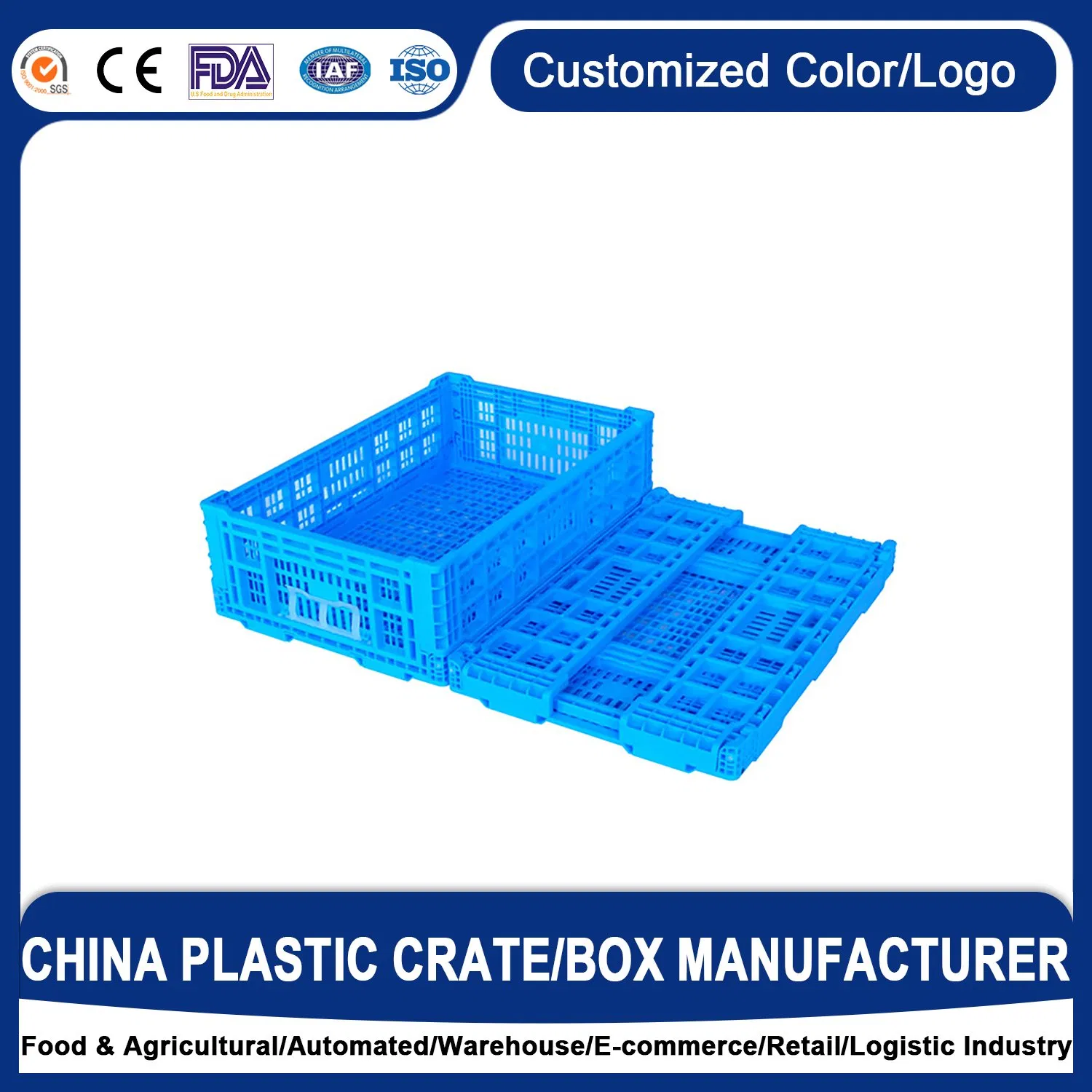 Factory Supply 600*400mm Polypropylene Folding Agriculture Vegetable Storage Food Collapsible Storage Food Box Vented Foldable Plastic Crate for Supermarket