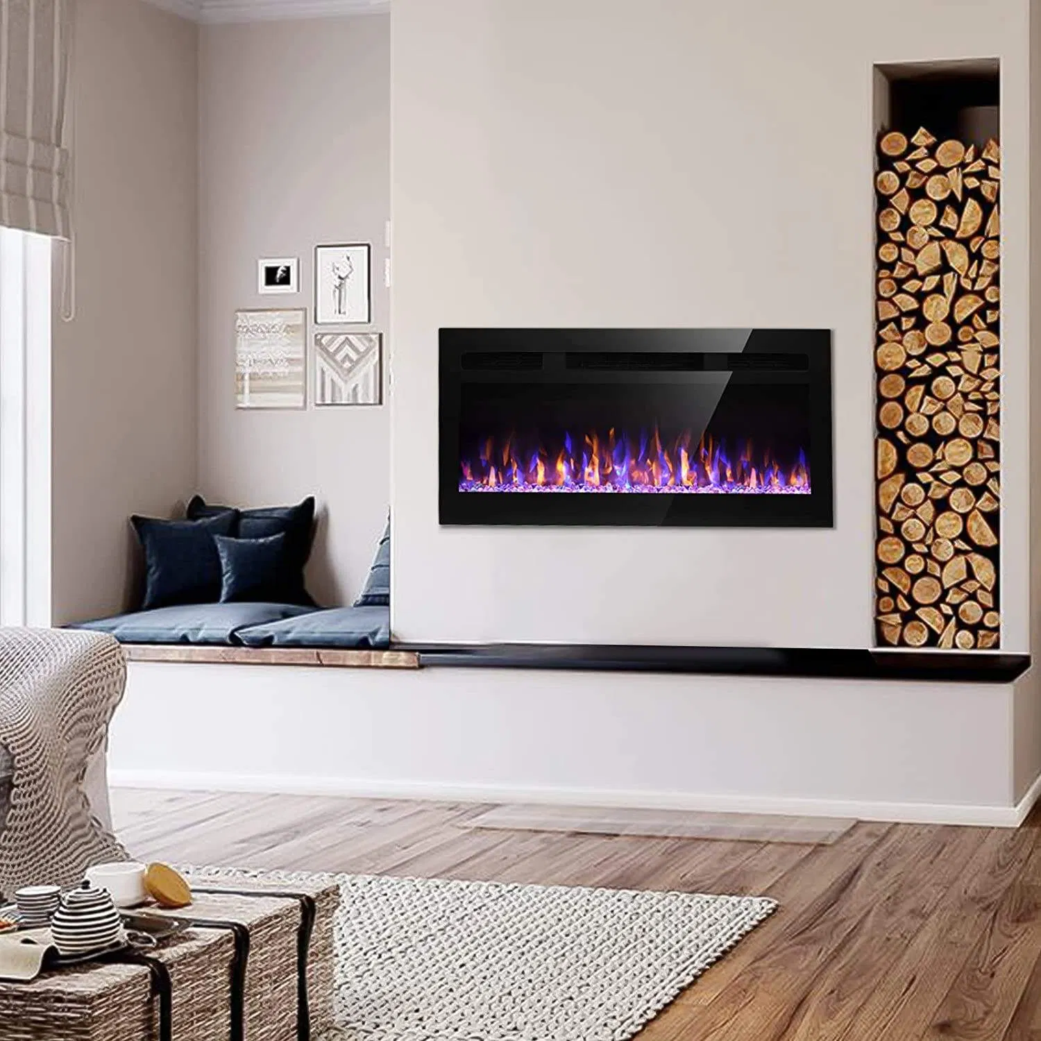 40" Wall Recessed Mounted Decorative Electric Fireplace Insert Heater