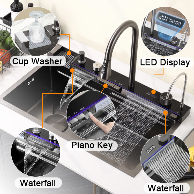 Handmade Multifunctional Stainless Steel Kitchen Sink with Smart Waterfall Design