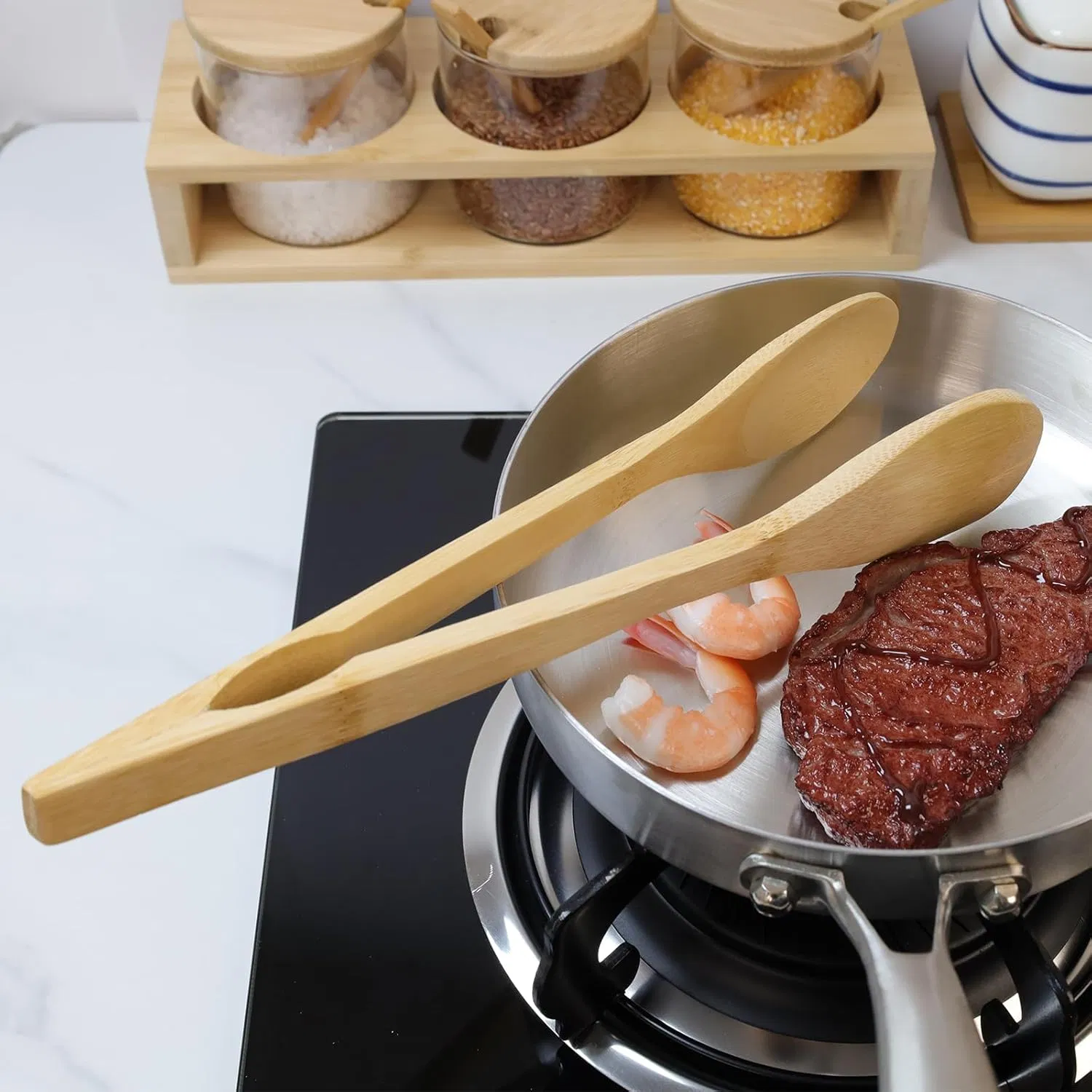 12 Inch Bamboo and Wood Pliers Are Used to Hold Food