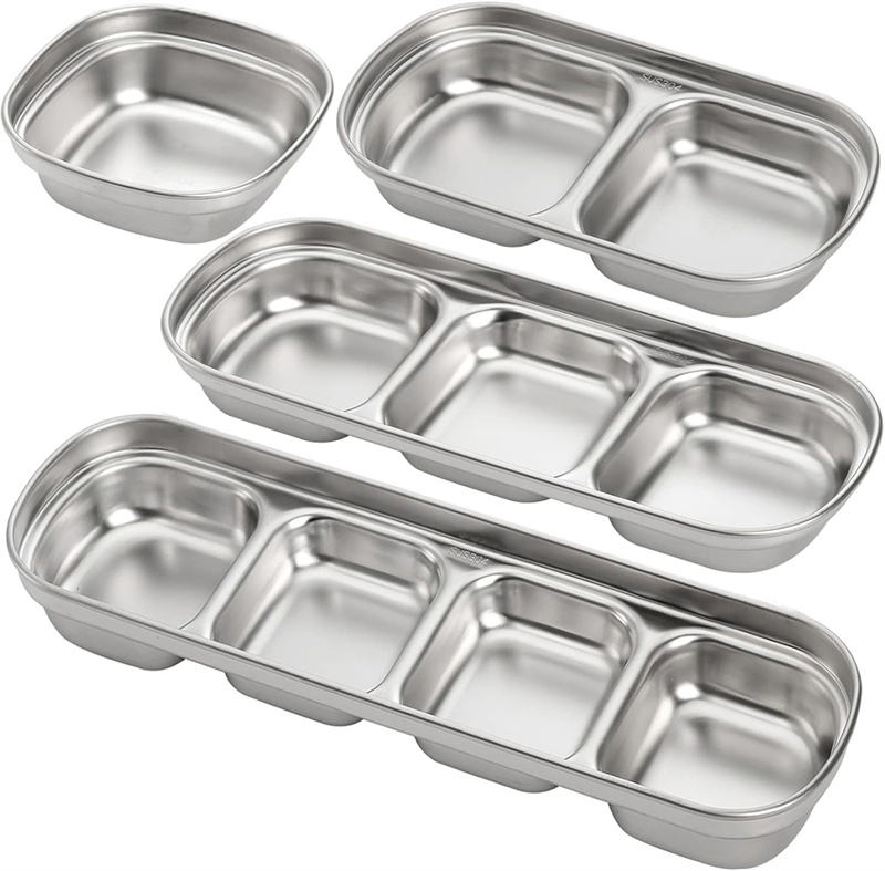 4 PCS Dipping Sauce Dish Set Stainless Steel Condiment Dishes Sub-Grid Seasoning Dishes Appetizer Snacks Bowl