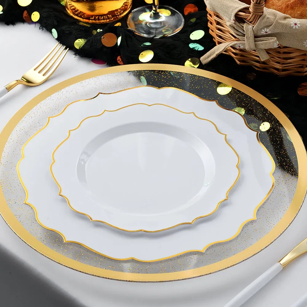 10.25inch Gold Disposable Table Dinner Wedding Decoration White and Gold Plastic Plates for Weddings & Parties & Thanksgiving