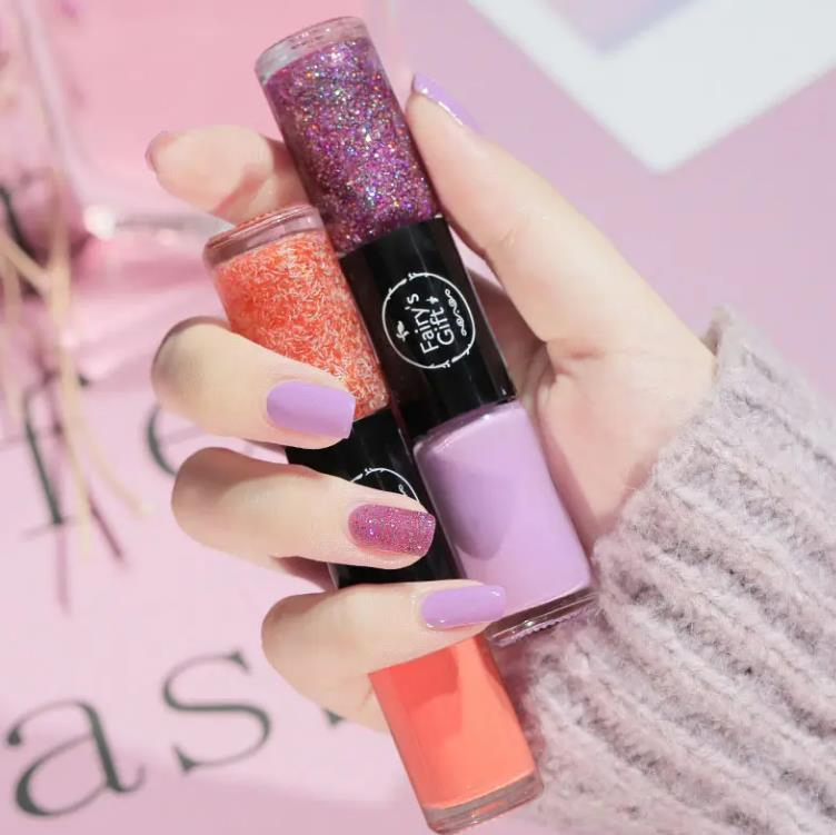 Double-Headed 2 in 1 Water Based Air Dry Nail Polish Eco-Friendly Matte Organic Long Lasting Gel Nail Polish Non-Peelable 3D Glitter Lasting Nail Gel Polish