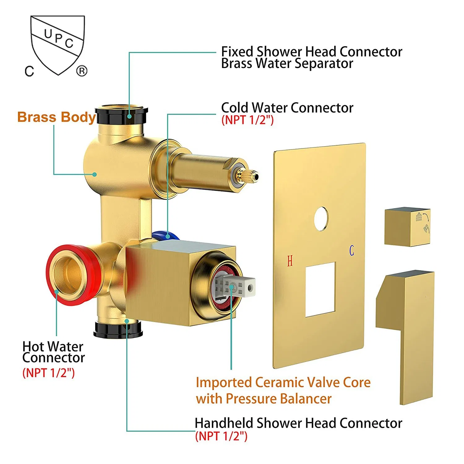 Aquacubic 12 Inch Wall Mounted Dual Handle Shower Set Contain Shower Faucet Mixer and Brush Gold Trim Kit