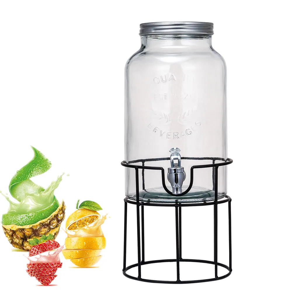 Large Capacity 1.5 Gallon Round Glass Container with Tap Cold Drink Dispenser for Beverage and Fruit Juice