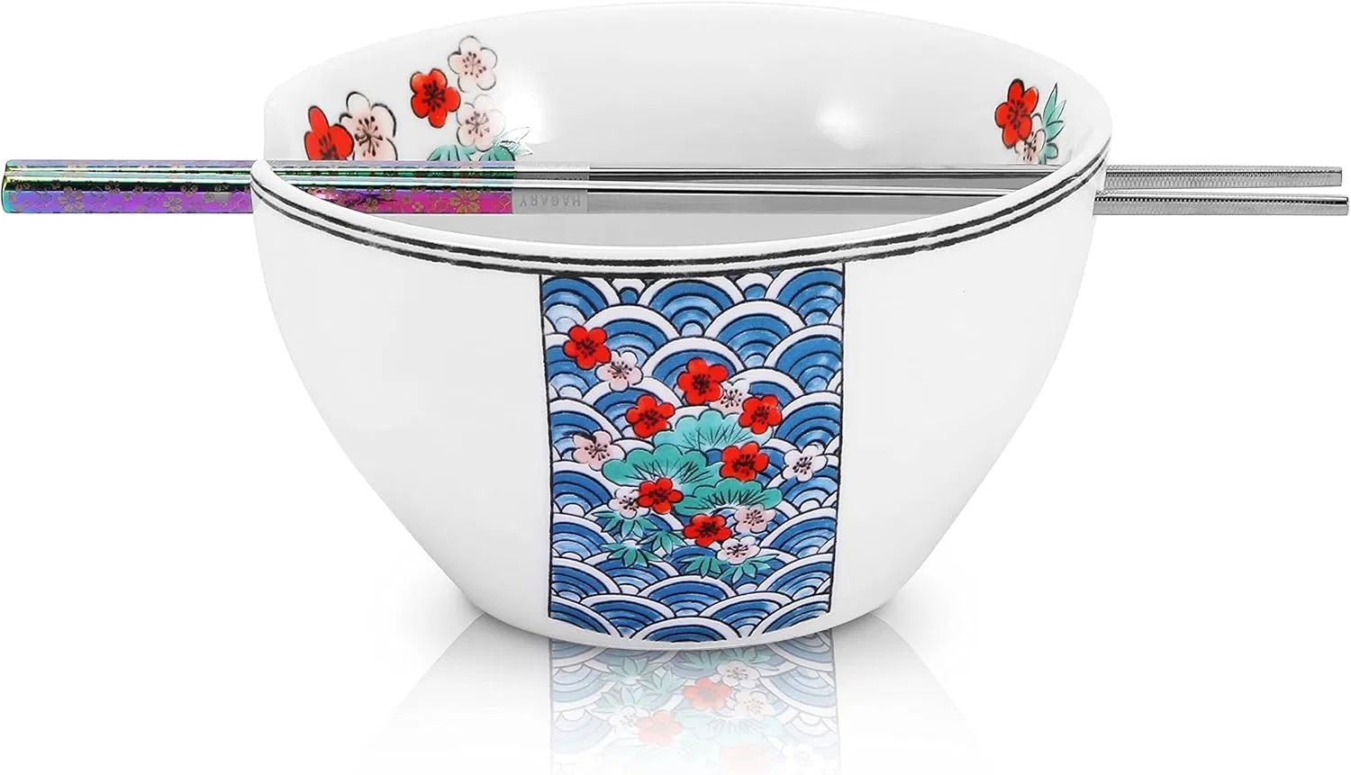 Flower Printing Korean Noodle Bowl with Chopsticks