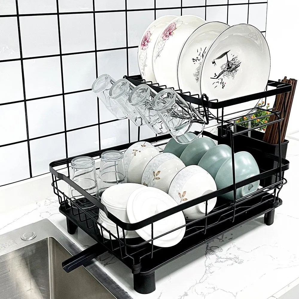 Wire Storage Rack Two Layer Dish Rack with Water Tray