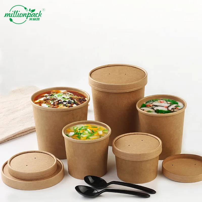 Disposable Insulated Paper Soup Cup Matching Kraft Paper Bowl Set