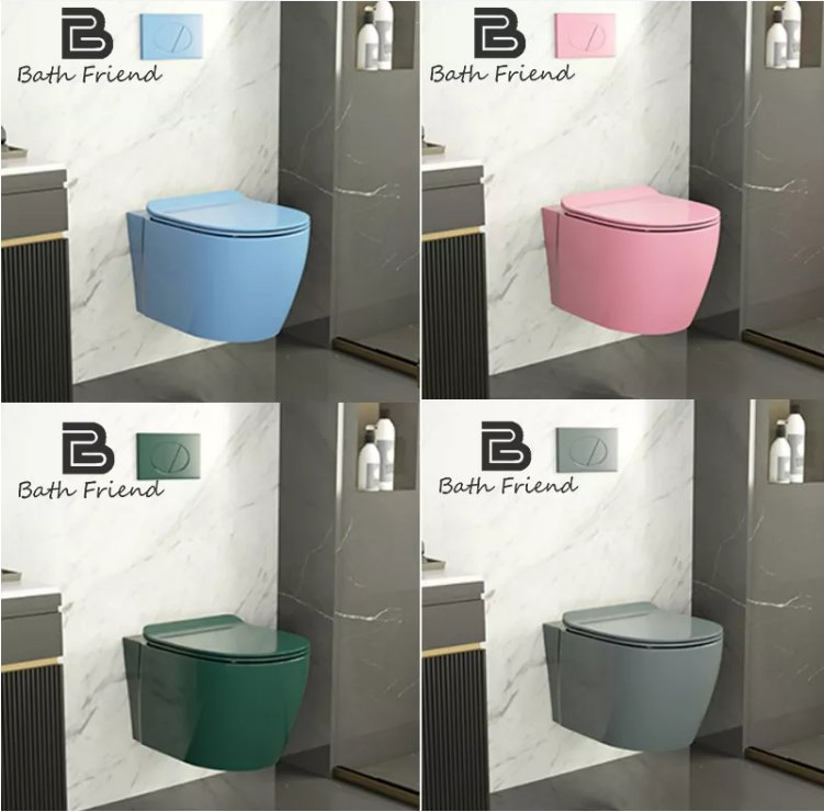 Colored Rimless Flush Water Closet P-Trap Wall Hung Toilet High Quality HDPE Plastic Hidden Tank