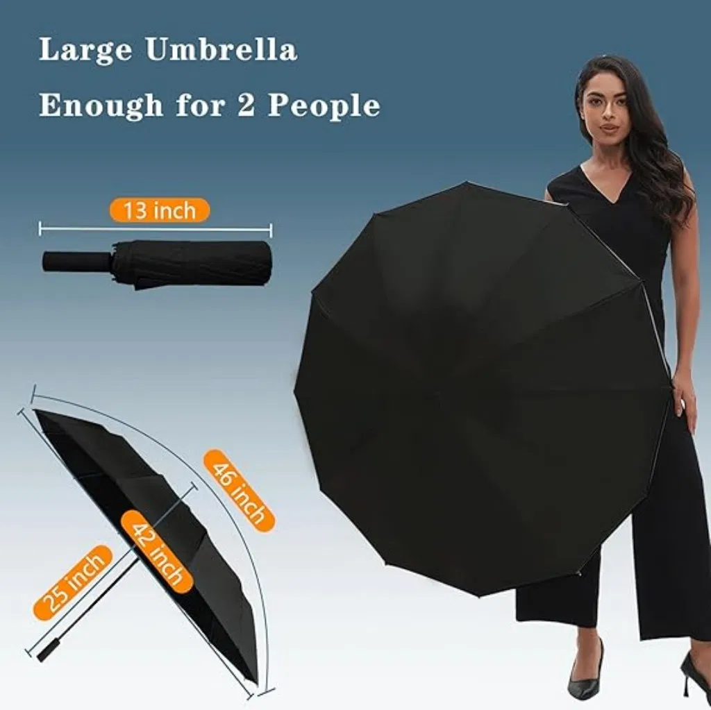 Large Double-Ribs Umbrella Automatic Folding Umbrella for Women Men, Travel, Upf 50+ UV Protection, 46-Inch, 12 Ribs