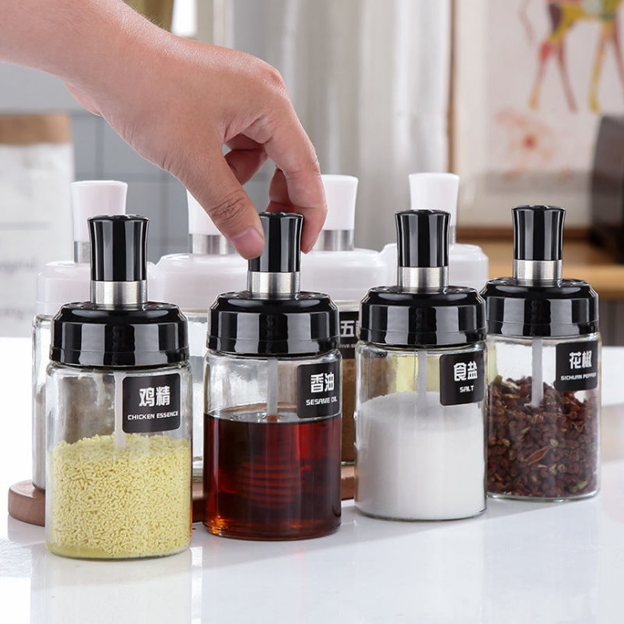 Glass Seasoning Bottle, Seasoning Jar, Spoon and Lid, One-Piece Sealed Jar