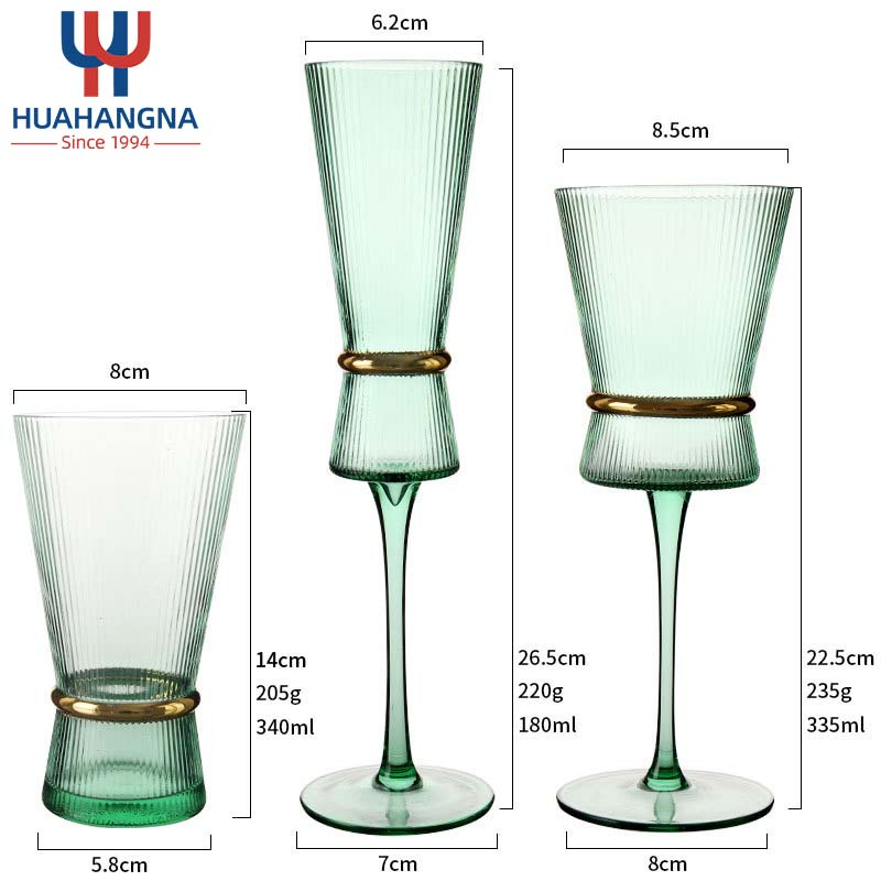 2023 New Design Custom Ribbed Soild Green Golden Belt Creative Champagne Flute Wine Glasses Goblet