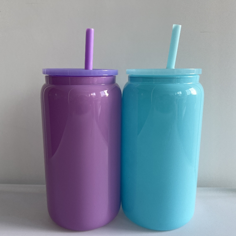 16oz Recyclable Glossy Colored Can Glass Beer Cold Drink Can with Clear Plastic Straw for UV Dtf Wraps