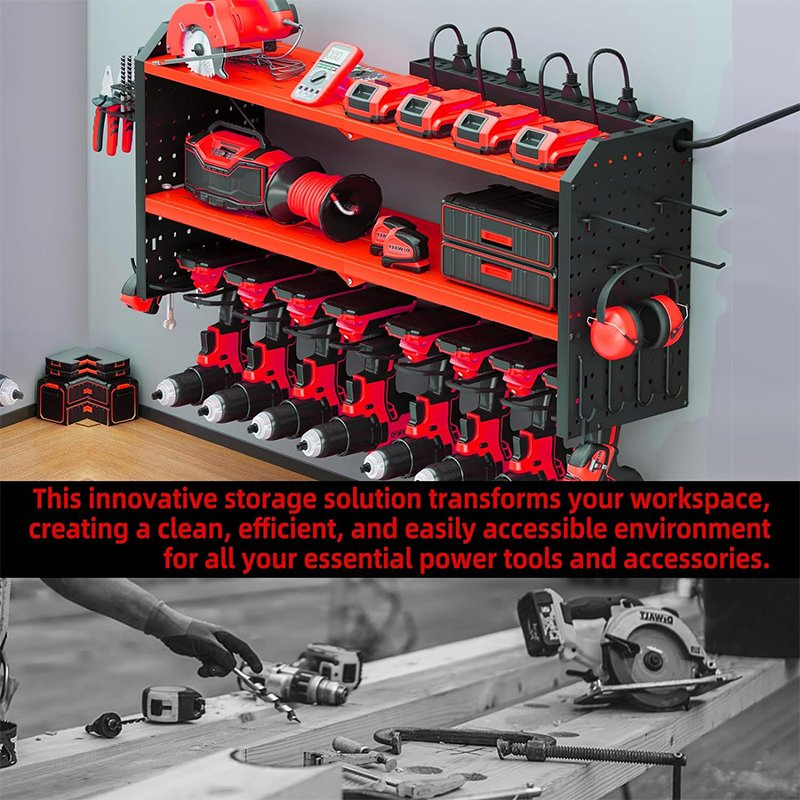 3 Layer Steel Metal Gardening Shelving Garage Power Tool Storage Rack Organizer Wall Mount with Charging Station