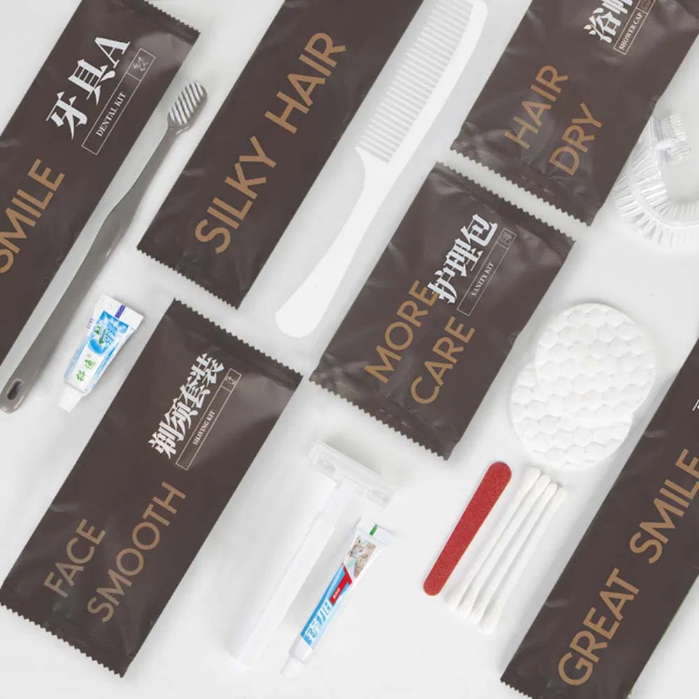 Best Grade Unisex Hotel Supplies Set with Toothpaste/Toothbrush/Razor/Comb/Care Kit/Shower Cap in Brown Package for Male/Female in Guesthouses/Accommodation