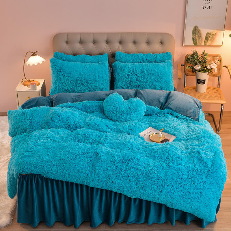 High Quality Winter Warm Fleece Blanket Mink Quilt with Pillow Sham Blue Comforter Duvet Cover Home Textile Bed Sheet Bed Linen Bedding Set