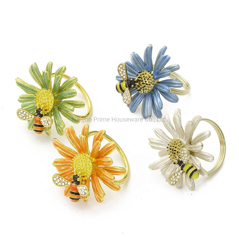 Colorful Daisy Metal Flower with Bee Napkin Rings Wedding Napkin Holder Wedding Party and Daily Use Dinner Table Decor