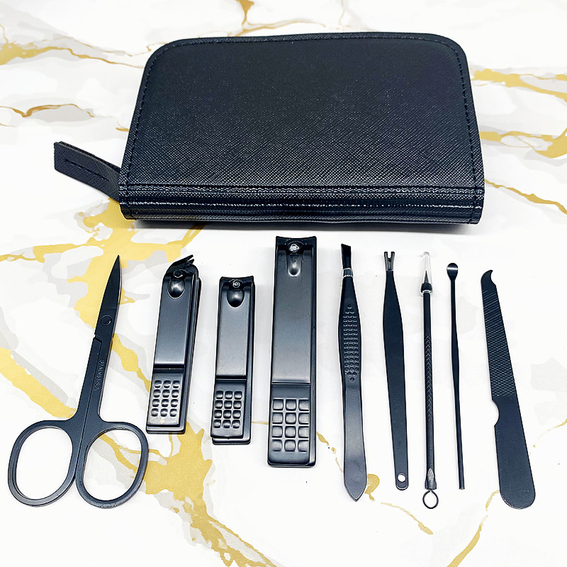 SSS 9-Piece Black Nail Tools Zipper Leather Set Eyebrow Clip