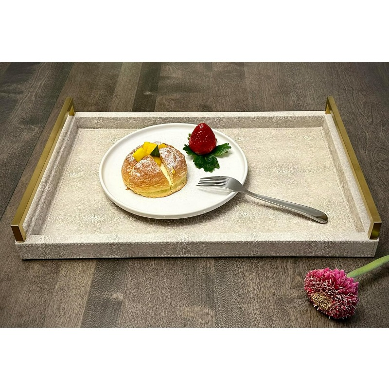 Promotional Brushed Gold Stainless Steel Handle Ivory Large Serving Home Decorative Tray