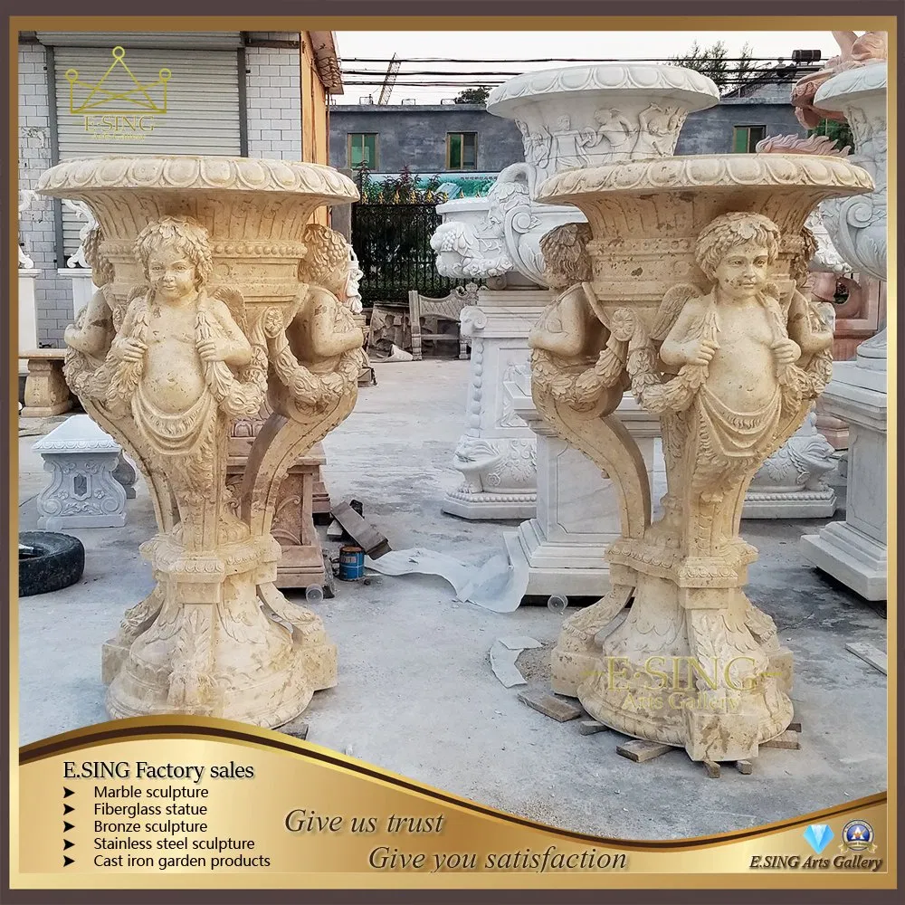 Detailed Hand Carved White Marble Angel Planter Natural Stone Flower Pot Urns