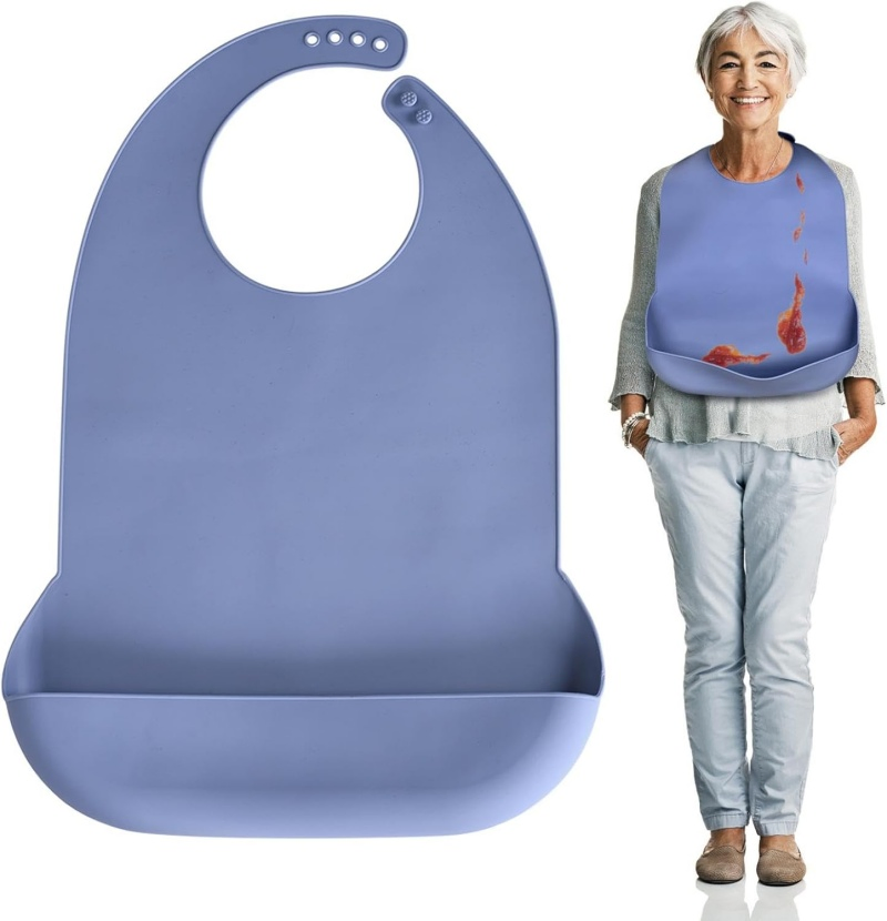 Elderly Adjustable Waterproof Clothing Protectors Silicone Adult Bibs with Crumb Catcher