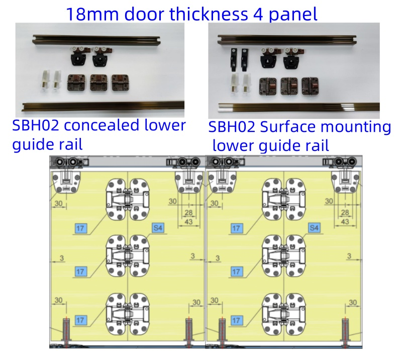 Partition Hidden Sliding Folding Door Hardware System Fitting Kit with Spring Hinge Track Rail for Bifold Wooden Wardrobe Door
