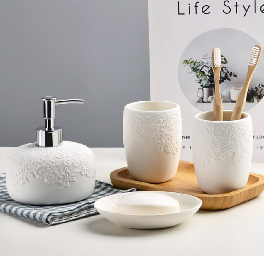 Ceramic Dispenser Soap Dish Cup Bathroom Accessories Set with Embossed Design