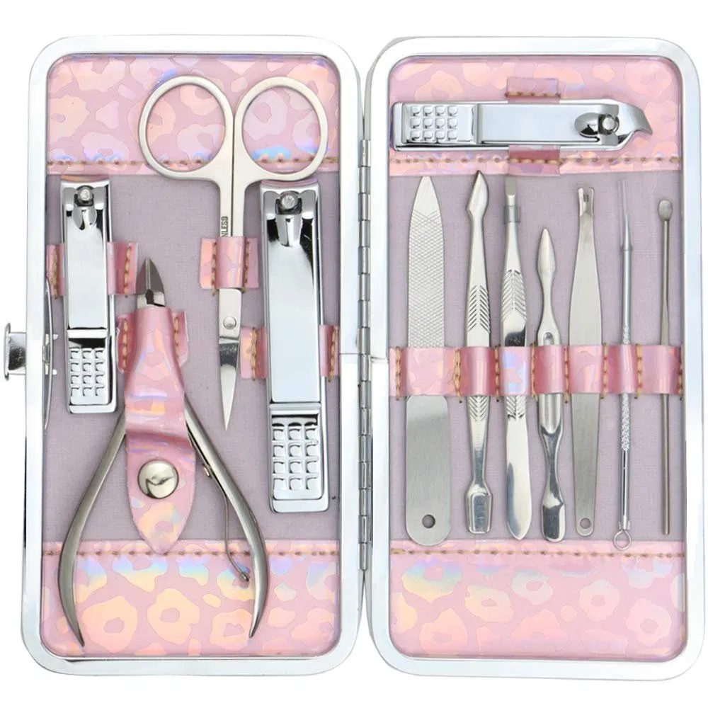 Manicure Set Nail Clippers Pedicure Kit 12PCS Professional Stainless Steel Nail Care Kit with Pink Leather Travel Case for Adult