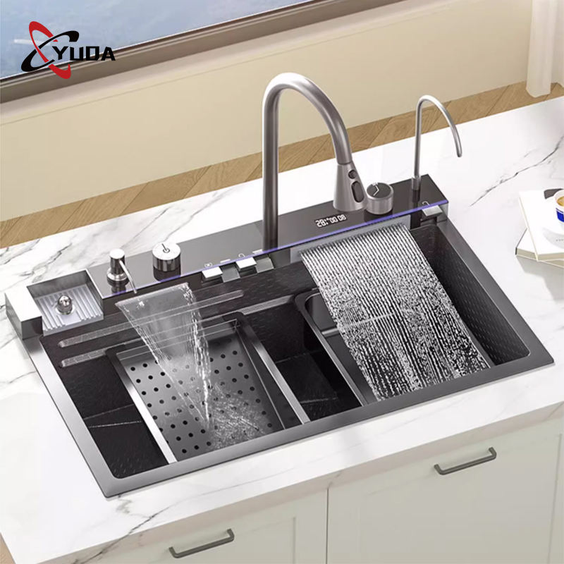 Multi Functional Waterfall Kitchen Sink Nano Black Knife Holder Handmade Kitchen Sink with Cup Washer