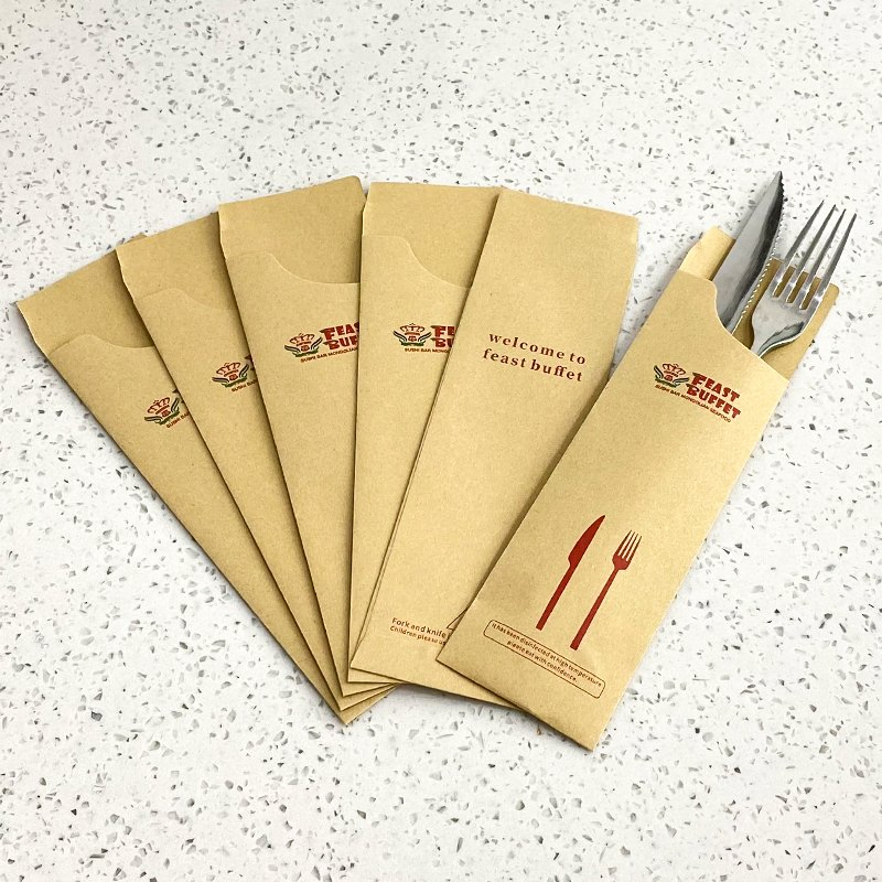Custom Printing Restaurant Knife Fork Spoon Paper Pouch Silverware Flatware Kit Paper Pocket Cutlery Set Kraft Paper Bag with Logo