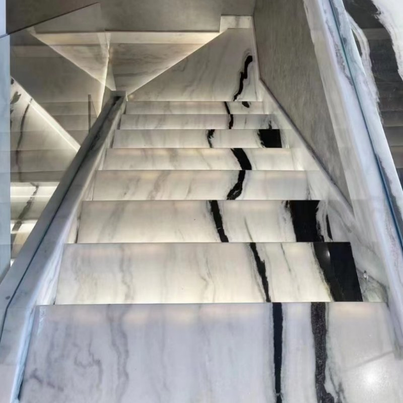 Modern Indoor Steel Panda White Marble Step Straight Stair Floating Wood Stair