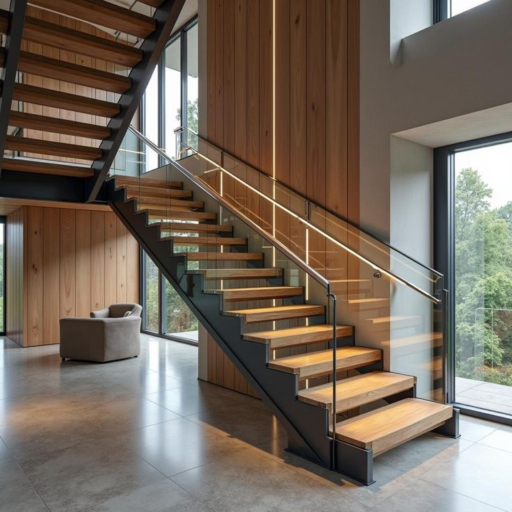 Black Powder Coated Mono Stringer Metal Straight Staircase Modern Indoor Steel Wooden Staircase with Glass Railing