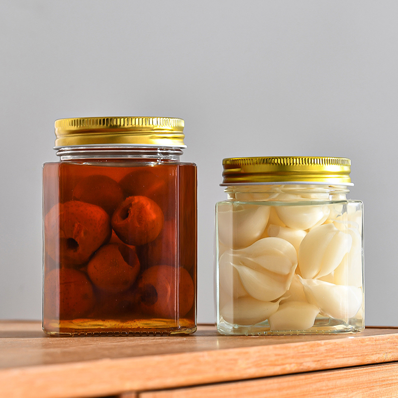 Wholesale Wide Mouth Glass Food Jars with Lids Empty 250ml 380ml 500ml Clear Storage Square Jars for Honey