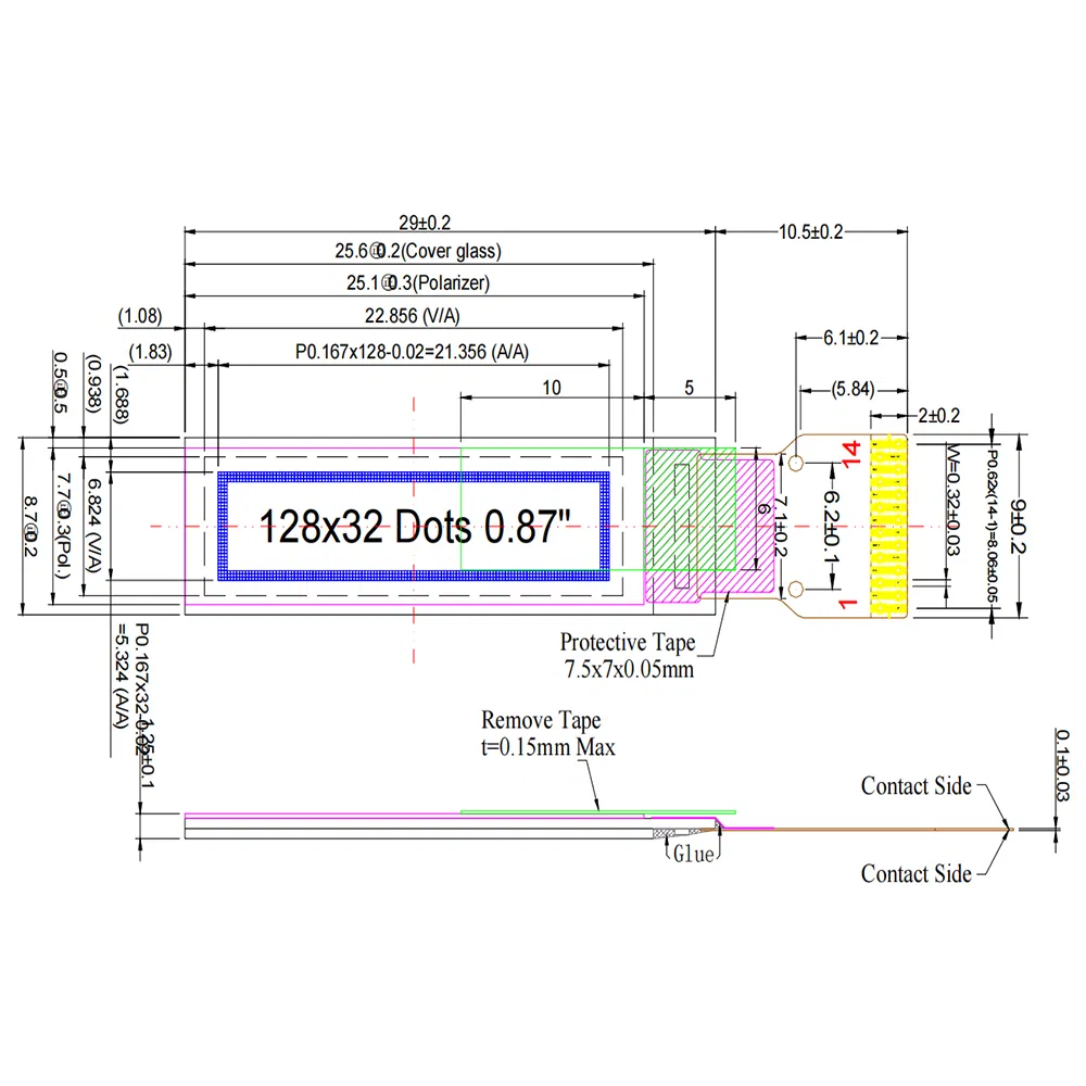 OLED-дисплей 0.87 дюйма 128x32 белый SSD1316