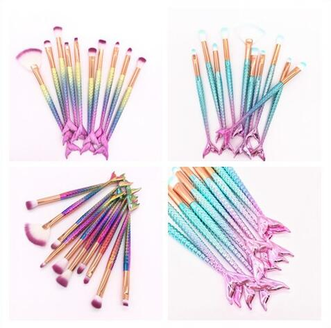 10PCS Unicorn Mermaid Makeup Brush Set Fish Tail Foundation Powder Eyeshadow Make up Brushes Contour Blending Cosmetic Brushes