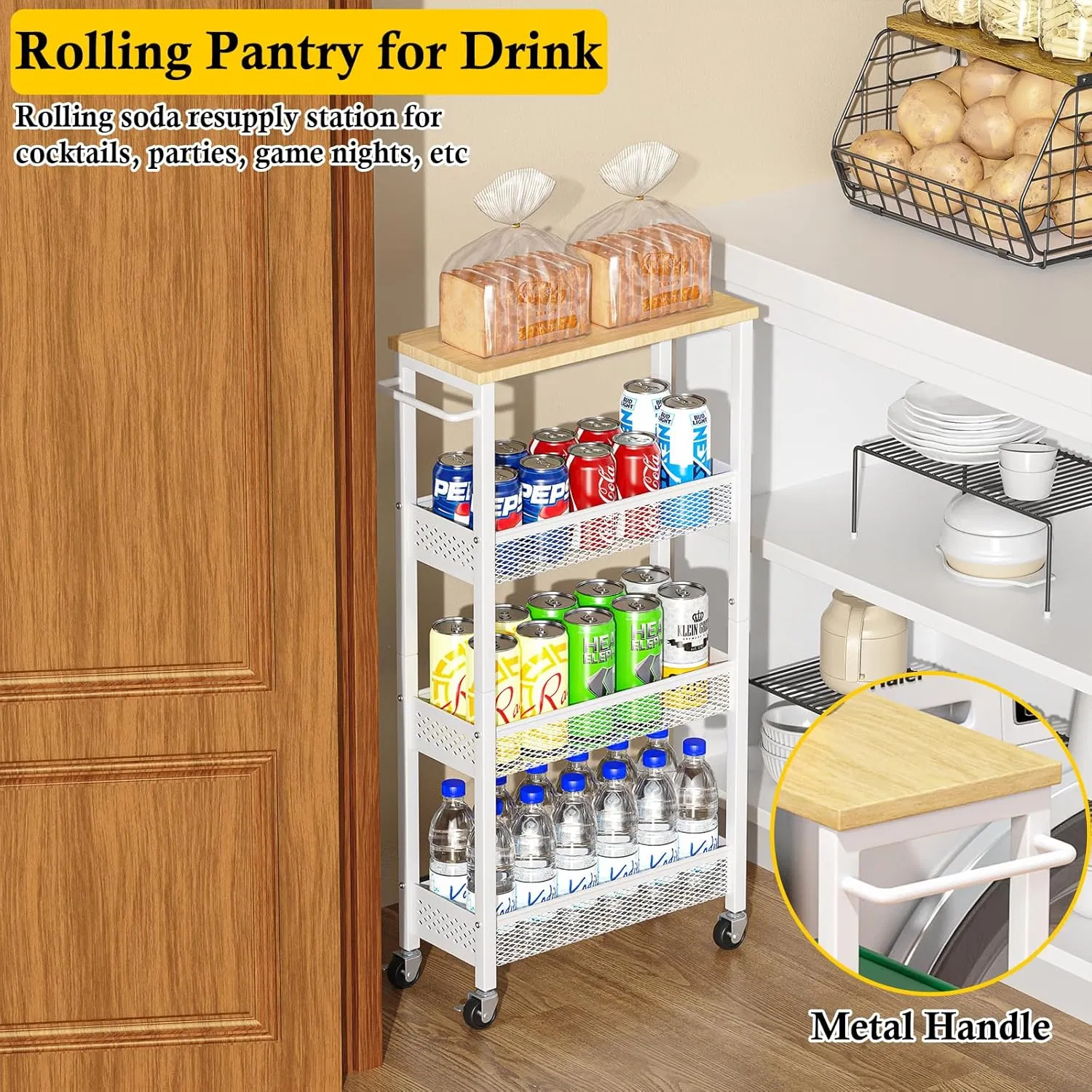 4-Tier Small Rolling Kitchen Cart with Wooden Top and Handles for Tight Spaces, White