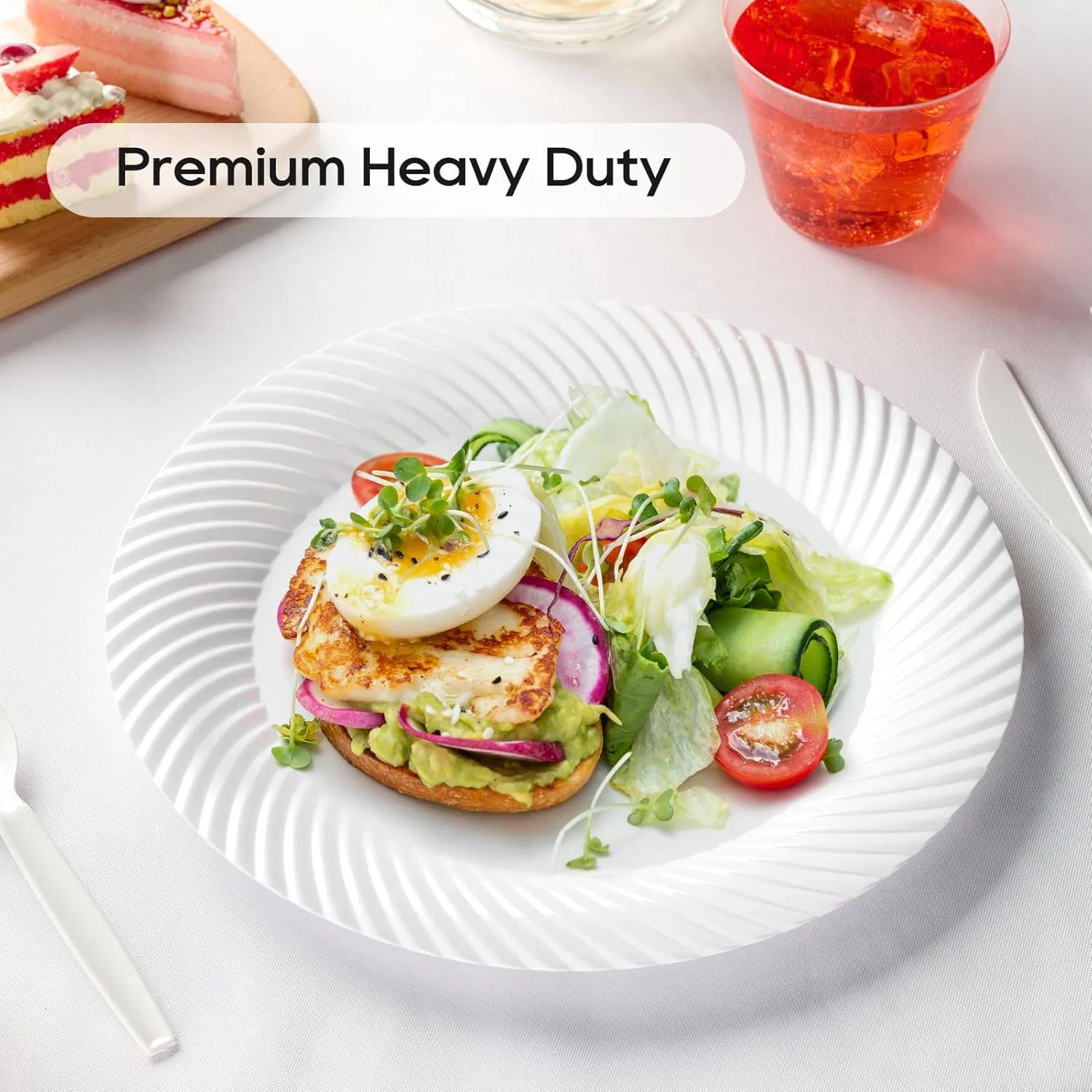 7 Inch White Plastic Plates with Threaded Rim Disposable Heavy Duty Salad Dessert Plates, Premium Hard Plastic for Weddings, Parties and Events