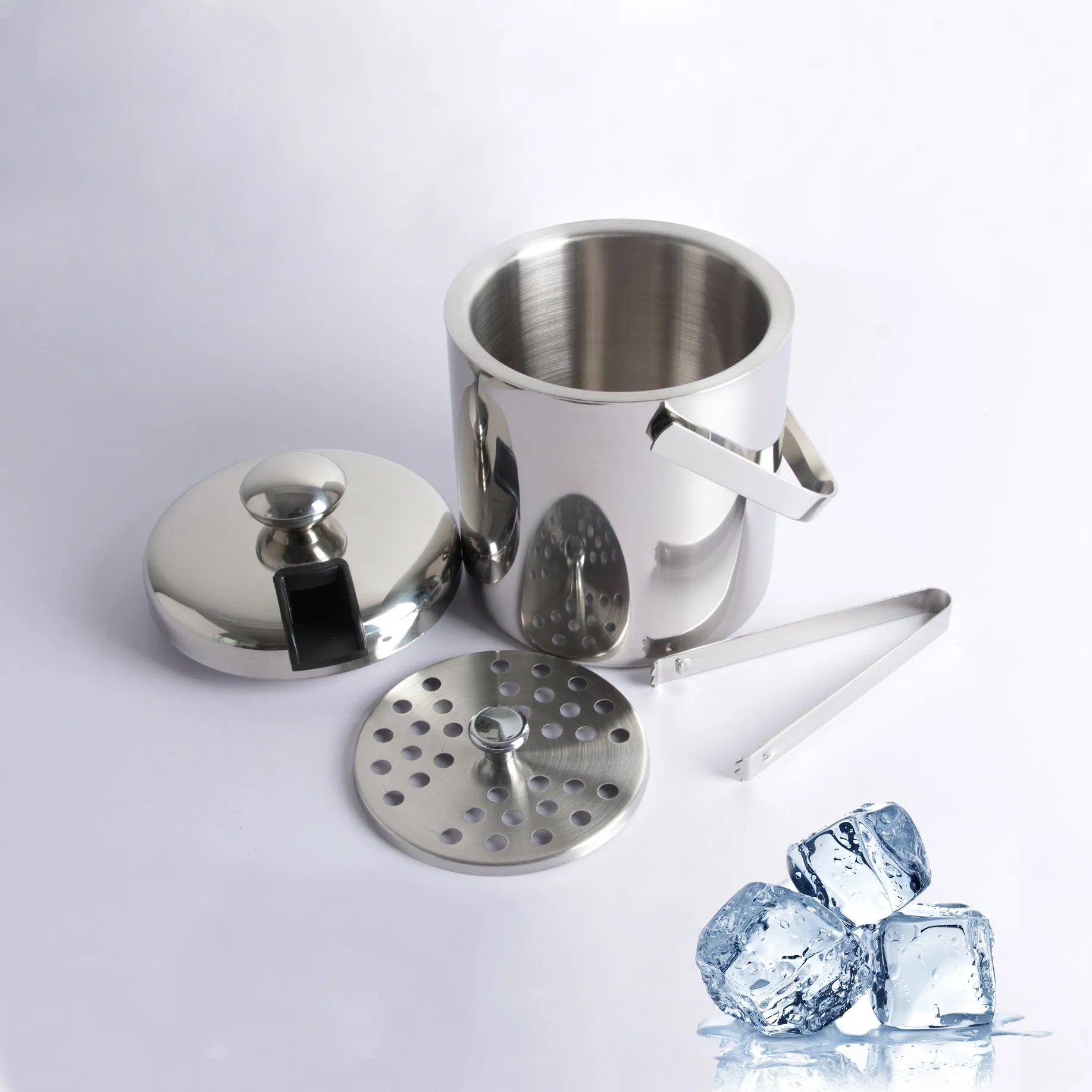 Double Wall Ice Bucket with Lid, Ice Tongs and Strainer