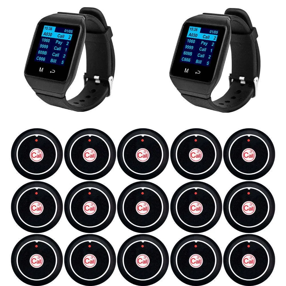 Wireless Restaurant Clinic Pager System 15 Buttons 2 Watches
