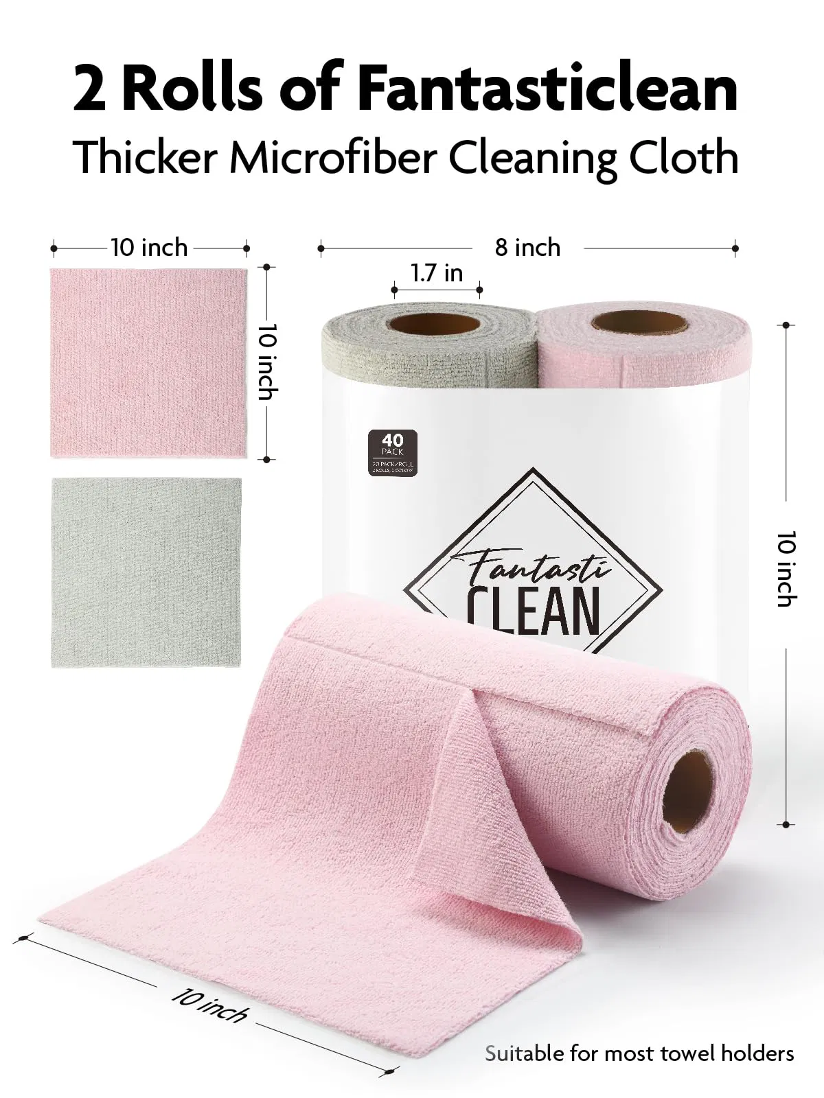 40 Pack 2roll 300GSM Super Absorbent Tear Away Dish Cloth Microfiber Roll Cleaning Towels, Reusable and Washable for House, Kitchen (Pink and Grayish)