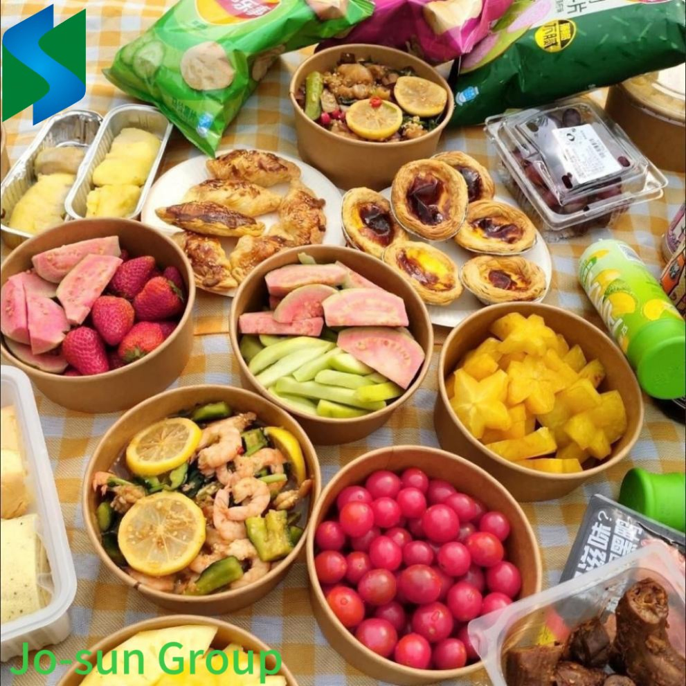 Jo-Sun Factory Outlet Recyclable Kraft Paper Food Packaging Custom Disposable Fruit Salad Container Serving Bowl with Lid