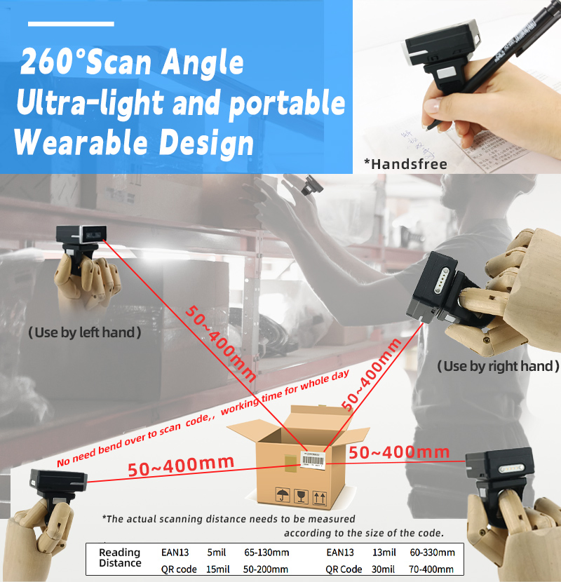 XT3001BHD Continuous Barcode Reading Wearable Barcode Scanner High Efficiency Warehouse Portable Barcode Ring Reader