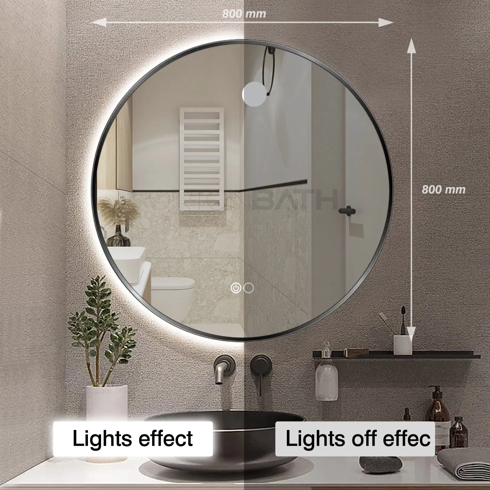 Ortonbath Round Black Metal Framed Backlit Round Make up Smart Bathroom Backlit Anti Fog Vanity LED Light Mirror Wall Mirror Bath LED Mirror